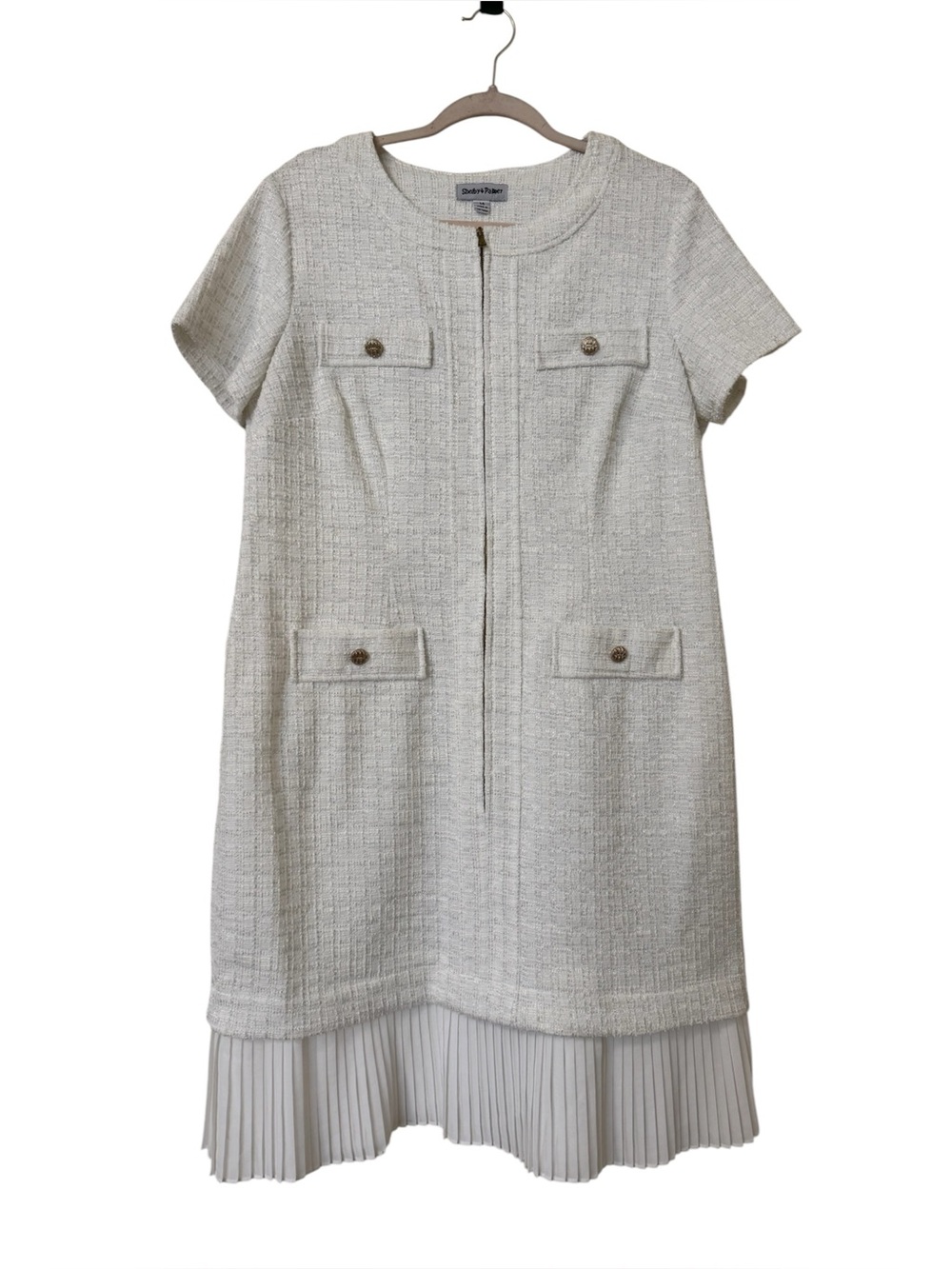 Shelby & Palmer Cream Tweed Short-Sleeve Shift Dress Pleated Hem NWT Size 14